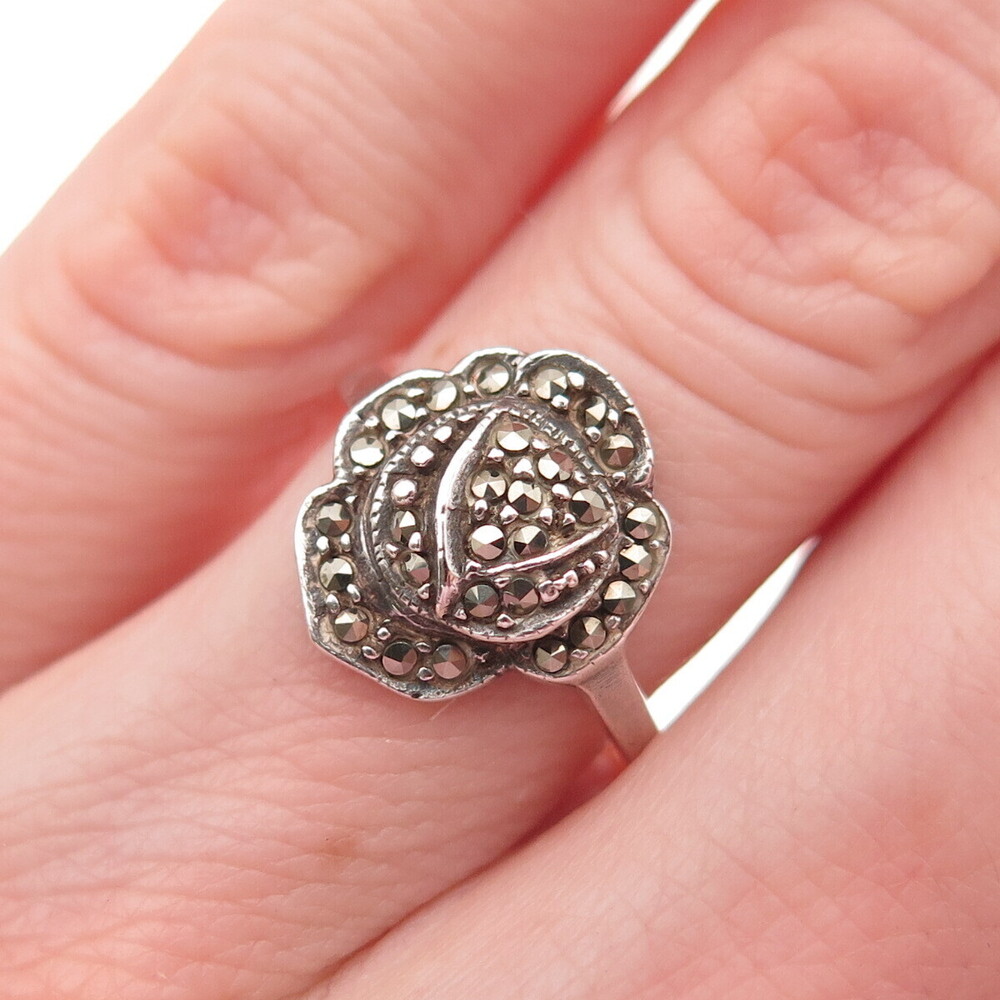925 Sterling Silver Vintage Real Marcasite Rose Flower Oxidized Ring Size 6
